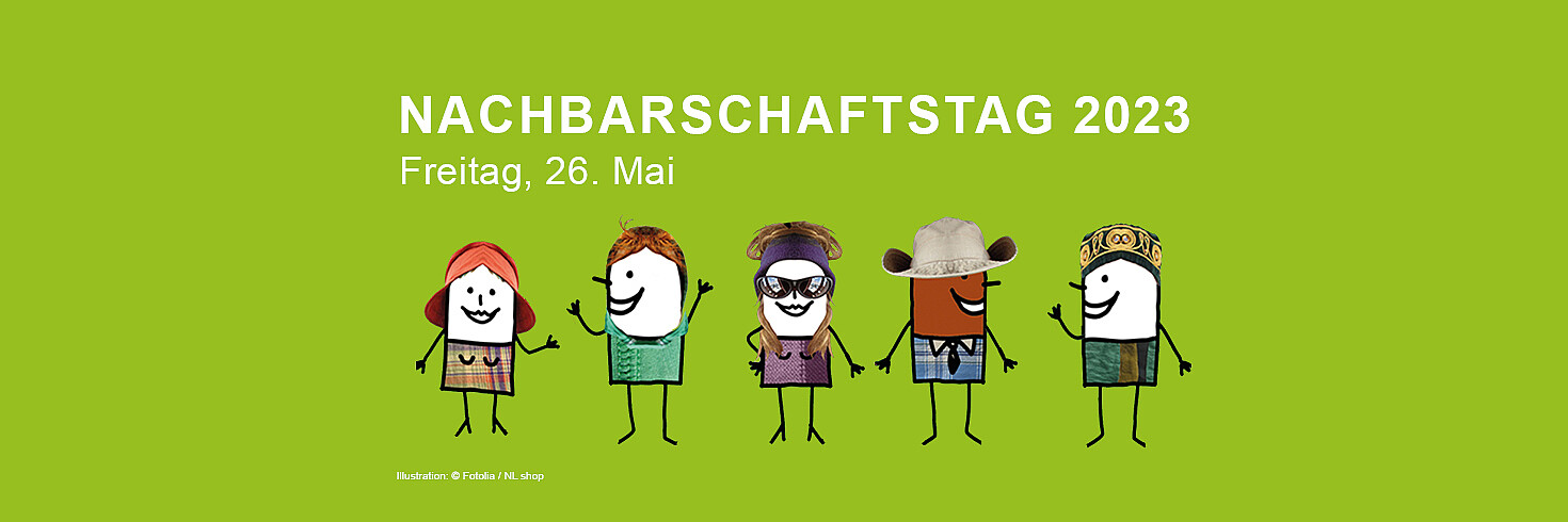Zeichentrickfiguren weißen auf den Nachbarschaftstag am 26. Mai 2023 hin