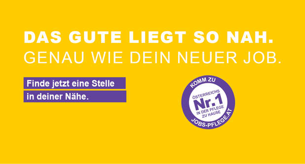 Slogan zu Pflegejobs beim Hilfswerk auf gelbem Hintergrund