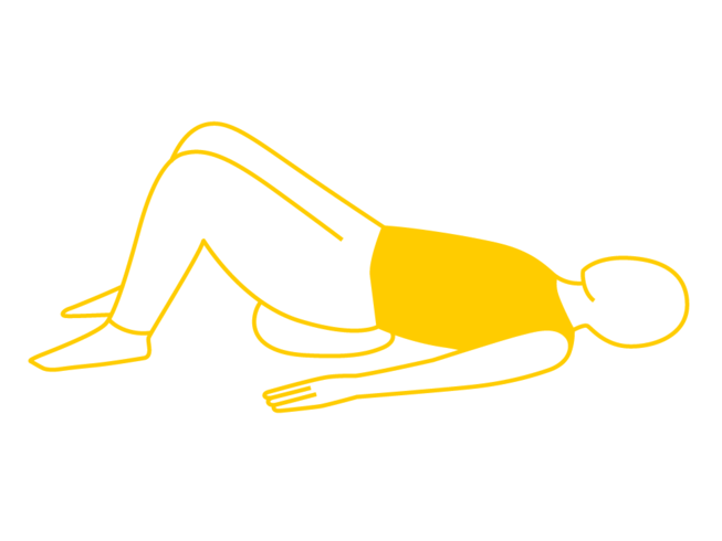 Illustration von zwei Übungen, die den Beckenboden entlasten: Eine Person kniet im Vierfüßerstand, eine liegt auf dem Rücken mit einem Kissen unter dem Becken