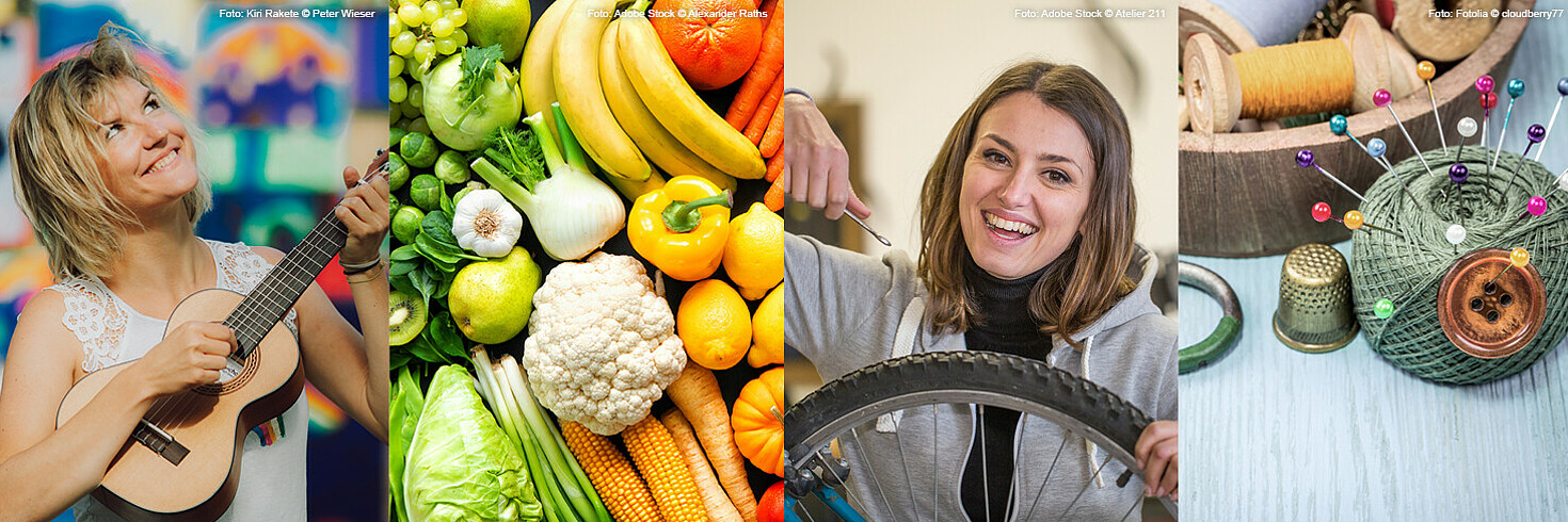 Verschiedenen Bilder aneinandergereiht:Künstlerin Kiri Rakete mit einer Ukulele, Obst & Gemüsen, Frau die ein Fahrrad repariert und Nähzeug