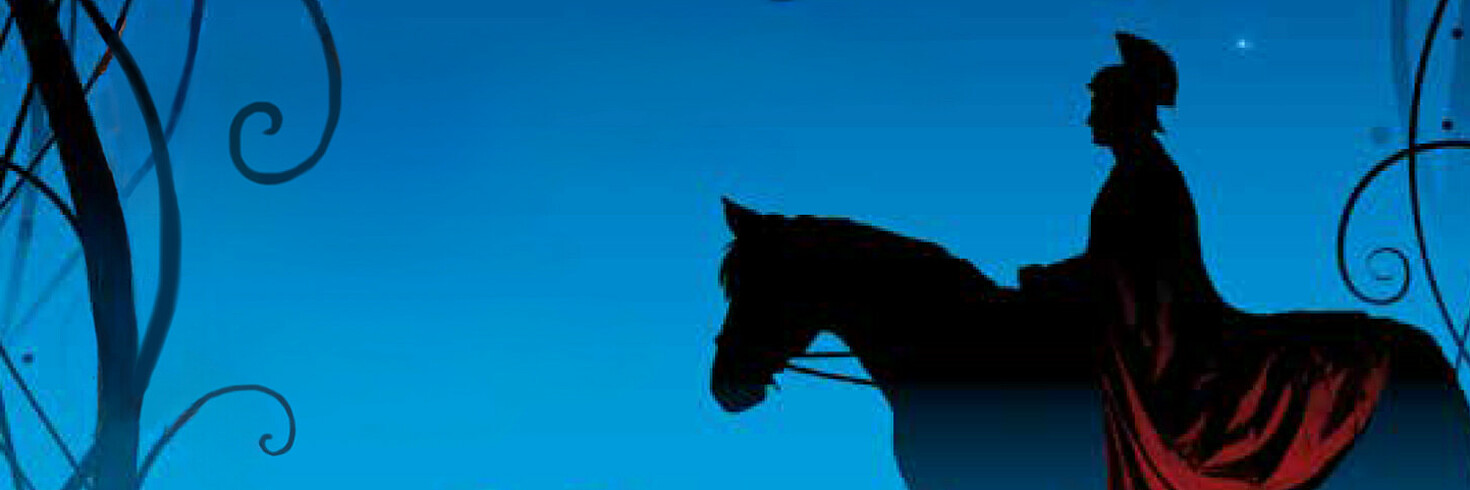 Eine Grafik mit blauem Hintergrund und einem Reiter in schwarz