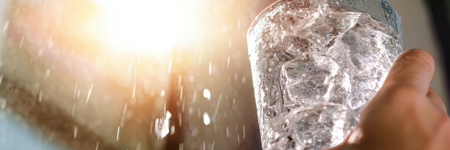 Eine Hand hält ein Glas voller Eiswürfel.