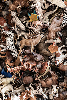 Eine Schublade voll mit Spielzeug Tierfiguren.